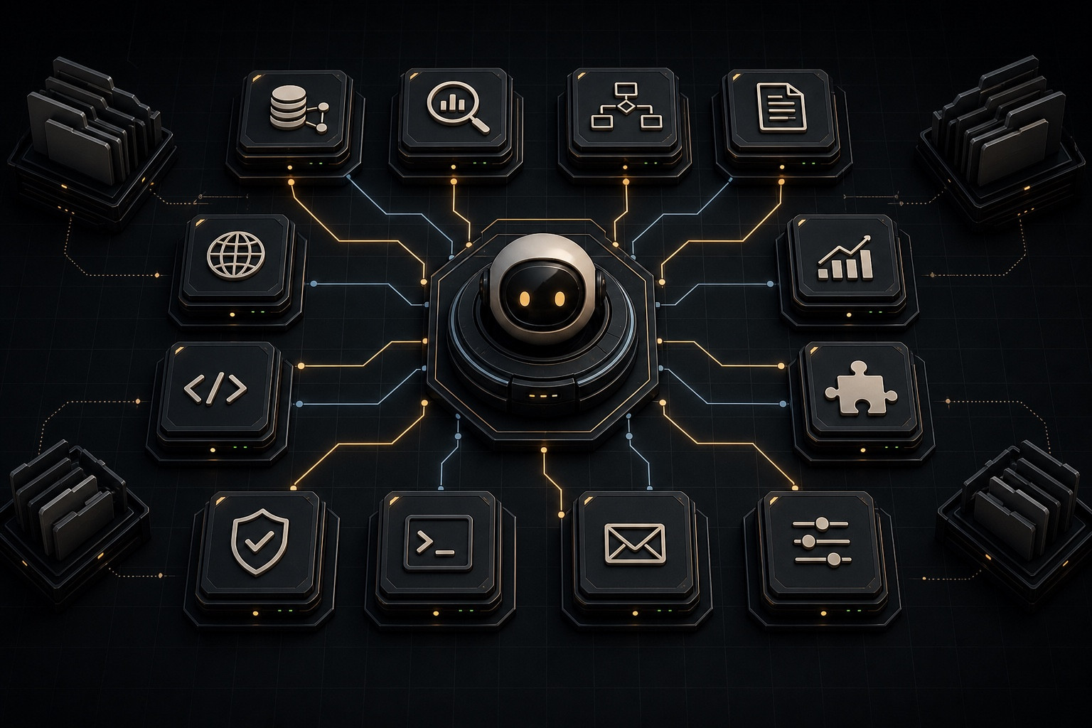 A central AI agent connected to a modular library of technical capabilities