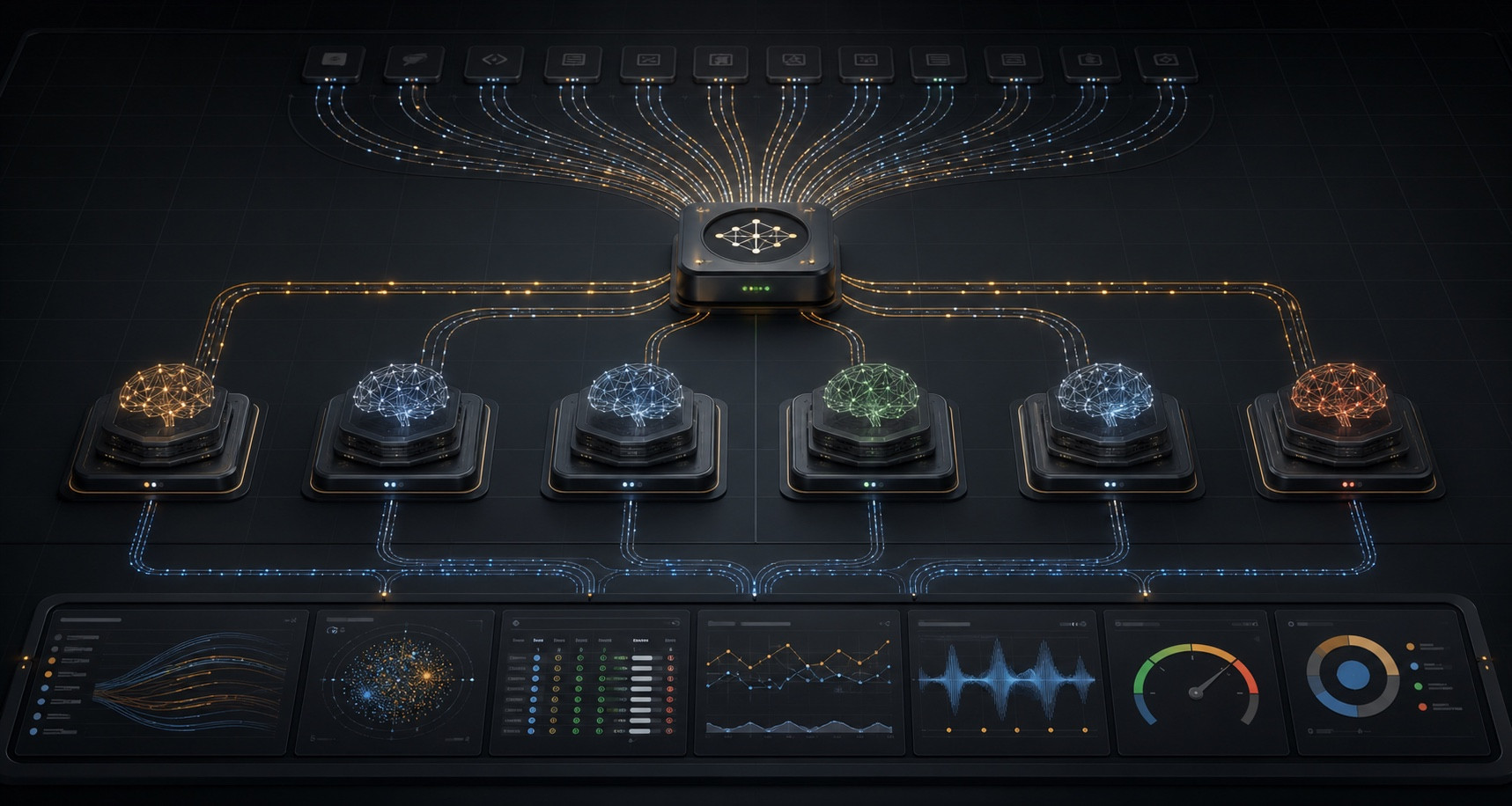An AI router connecting multiple model cores to a unified observability dashboard