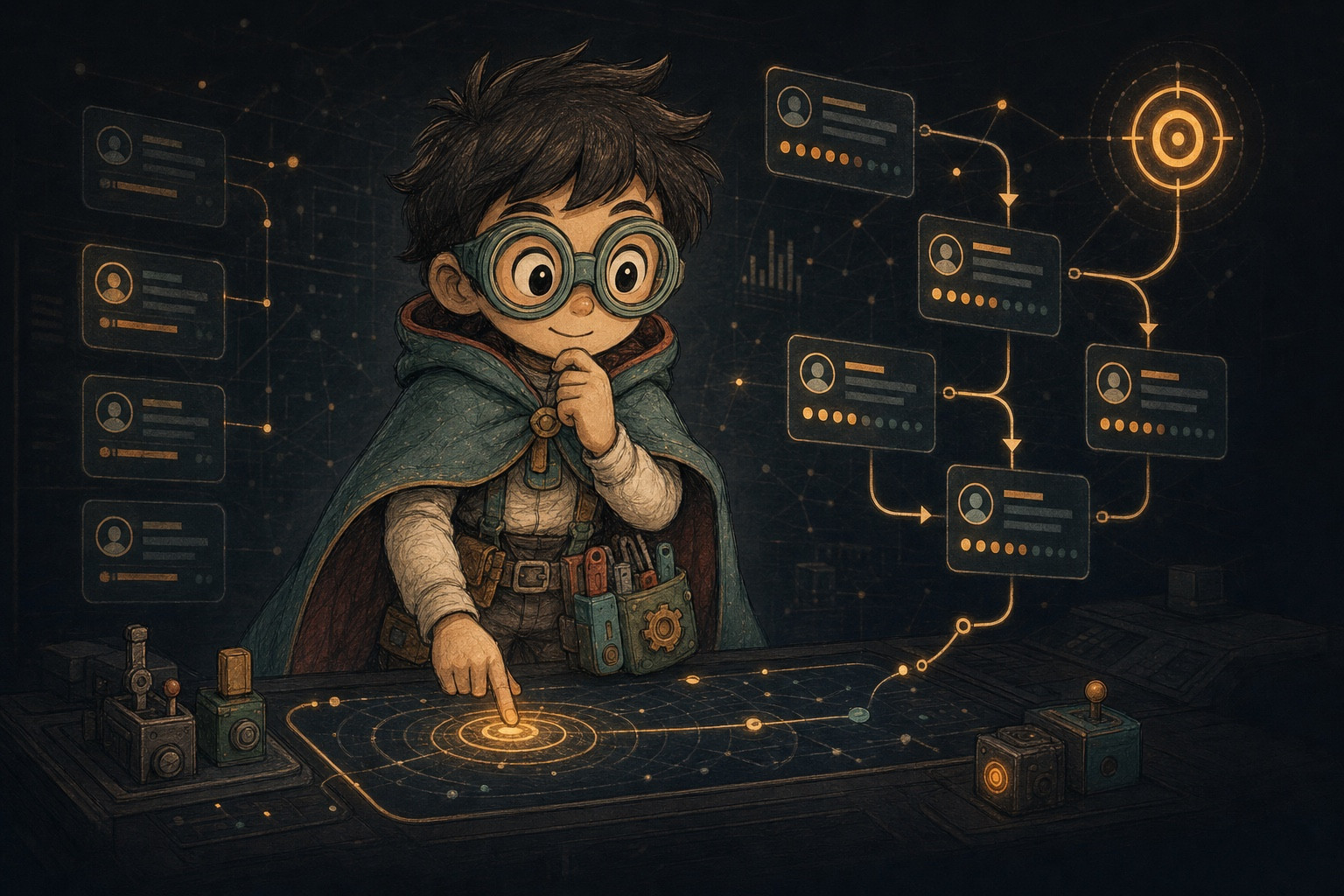 A workshop explorer with goggles and modular tools representing opportunity discovery and evaluation