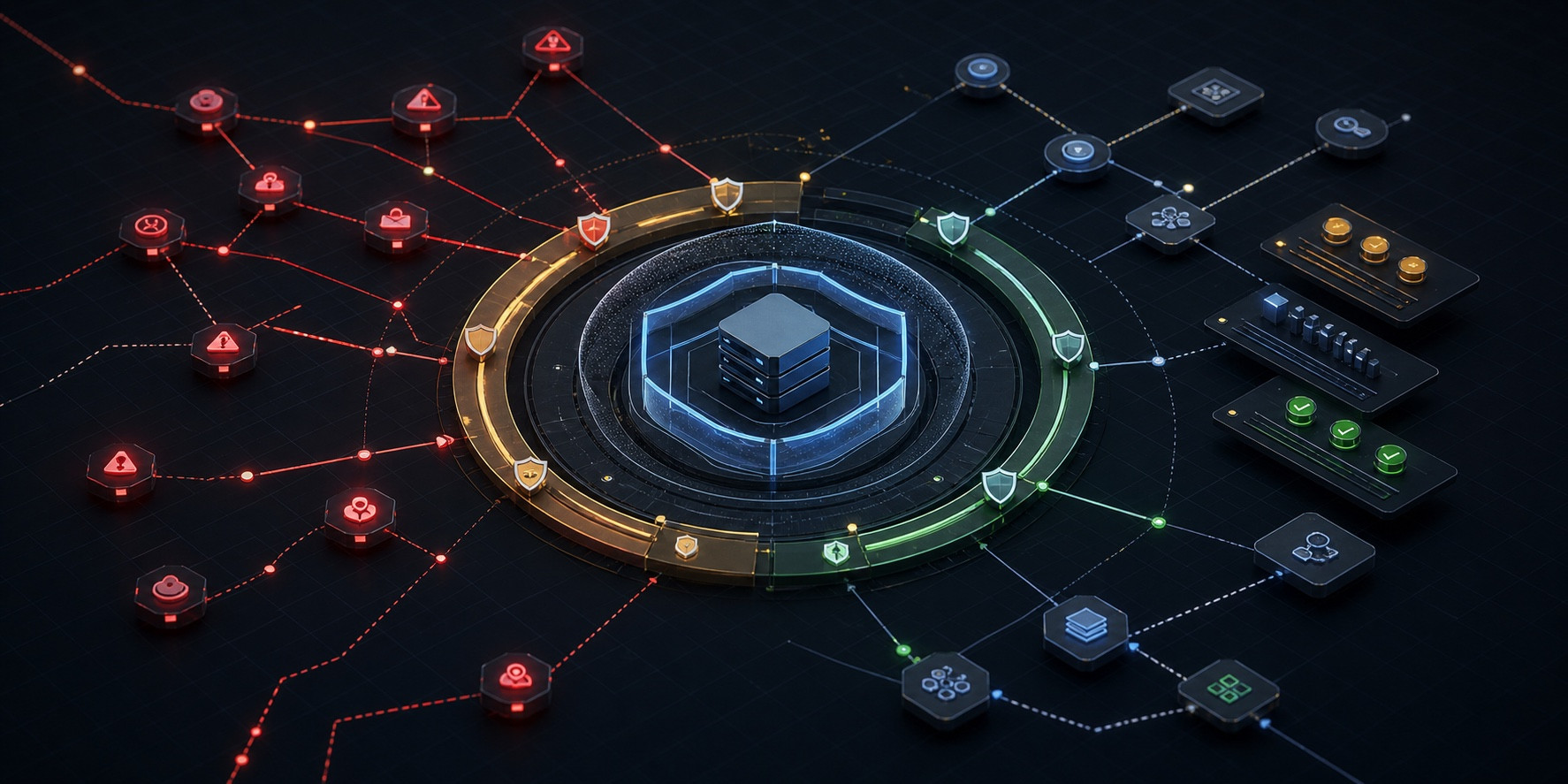 A protected system surrounded by mapped attack paths and verified defensive controls
